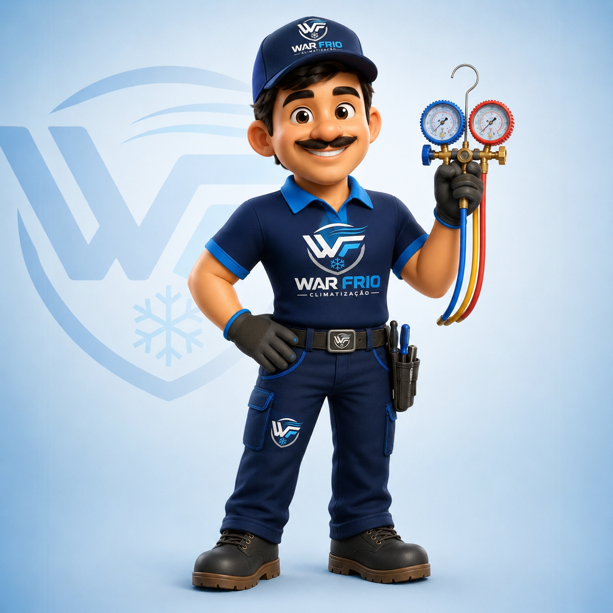 Personagem da War Frio Climatização segurando ferramenta técnica
